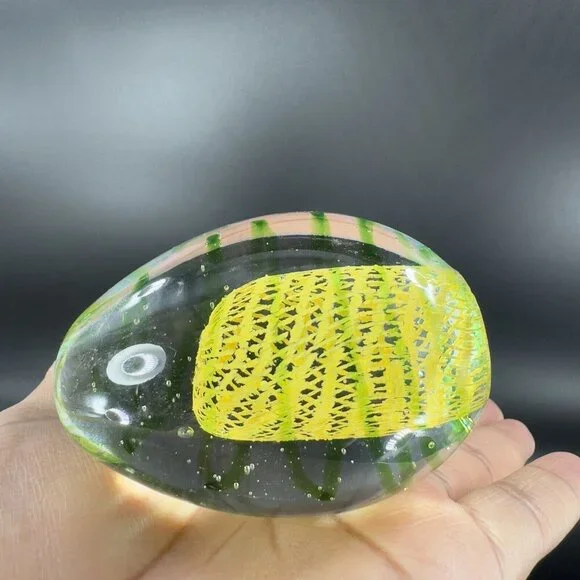 Art Glass Paperweight With Yellow Green Swirls All Over Egg Shaped Paperweight - Picture 12 of 16